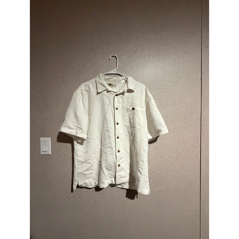 Joe Marlin Mens Large White Textured Short Sleeve Button Down Camp Shirt Rayon